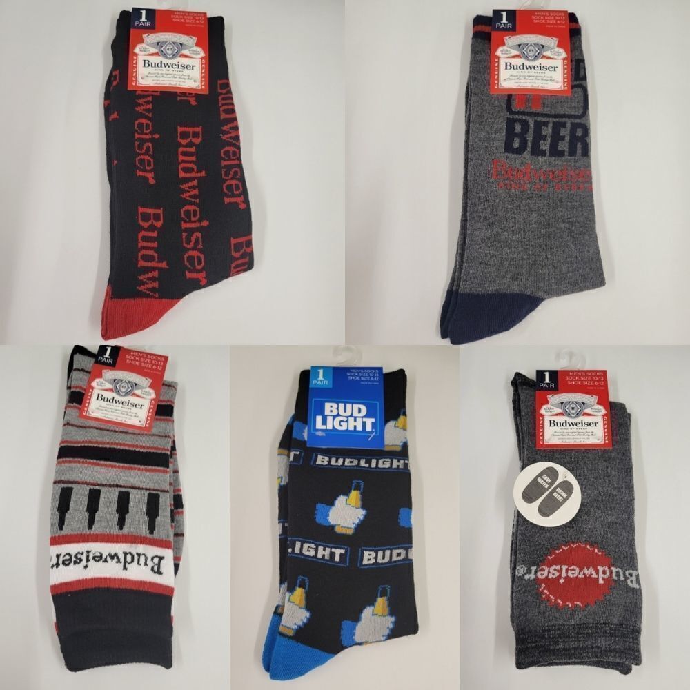 NEW 5 PAIR BUDWEISER MEN'S SOCKS shoe 6-12 sock 10-13 size NWT